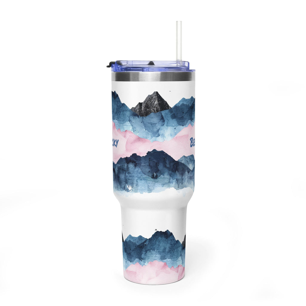 Personalized 40oz tumbler with blue and pink watercolor mountain design, custom name