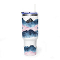 Personalized 40oz tumbler with blue and pink watercolor mountain design, custom name