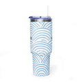 Personalized 40oz tumbler with blue rainbow arch design, custom name