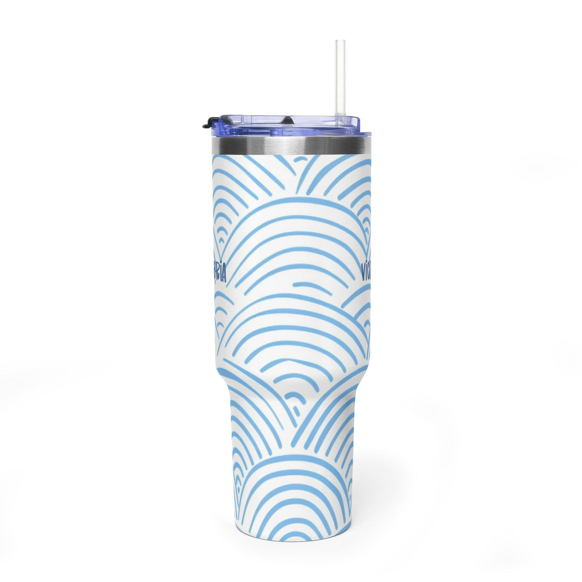 Personalized 40oz tumbler with blue rainbow arch design, custom name
