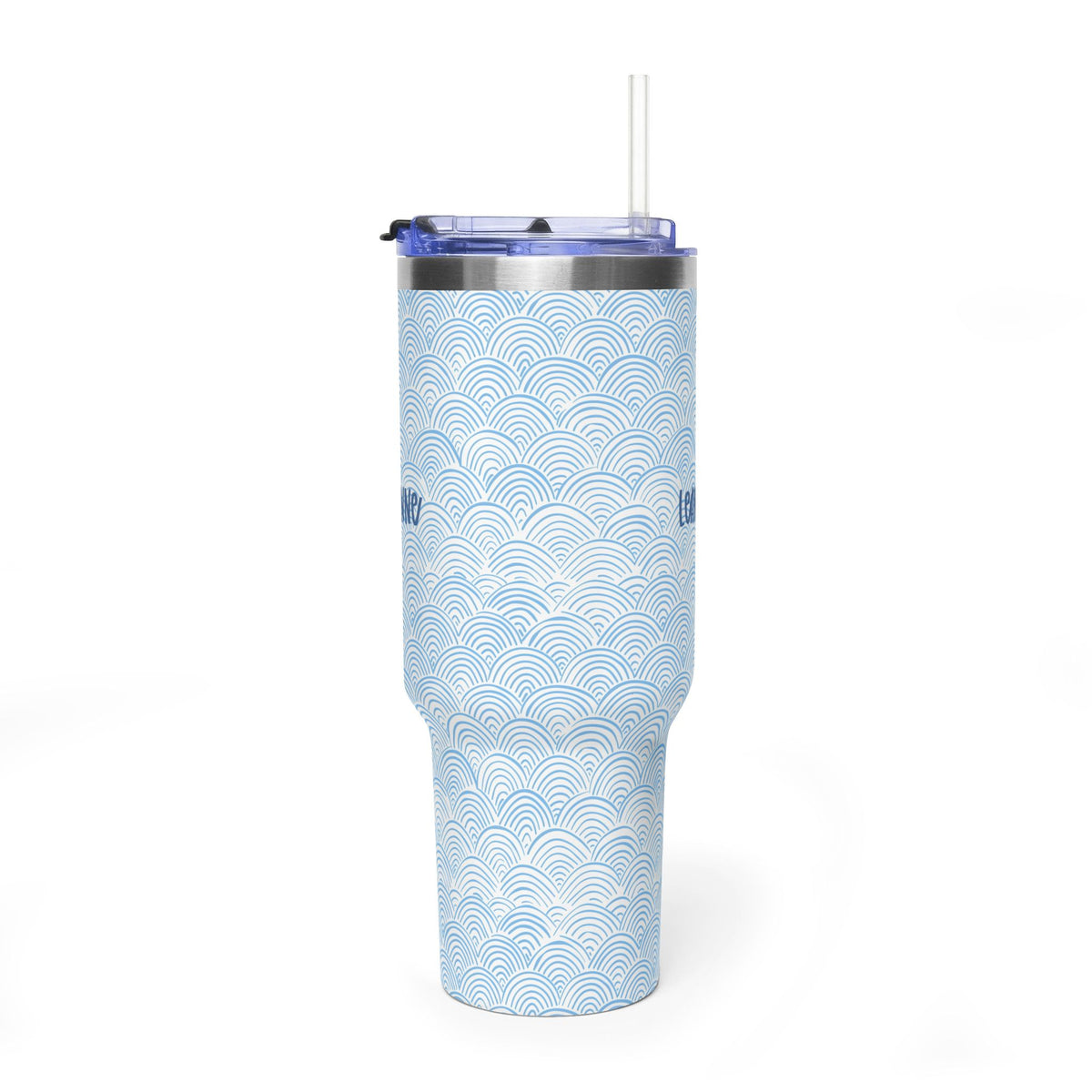 Personalized 40oz tumbler with blue scallop wave design, custom name