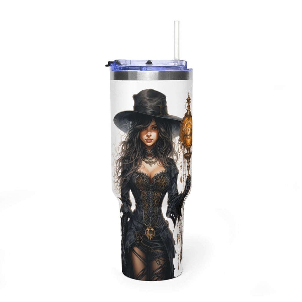 Personalized 40oz tumbler with illustrated fantasy witch character design, custom initials