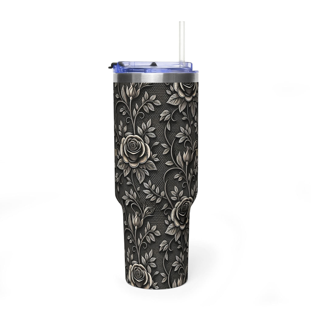 Personalized 40oz tumbler with gothic lace rose design, custom initials