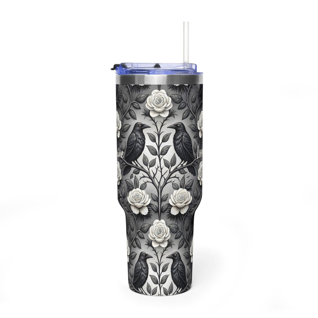 Personalized 40oz tumbler with gothic raven and rose design, custom name