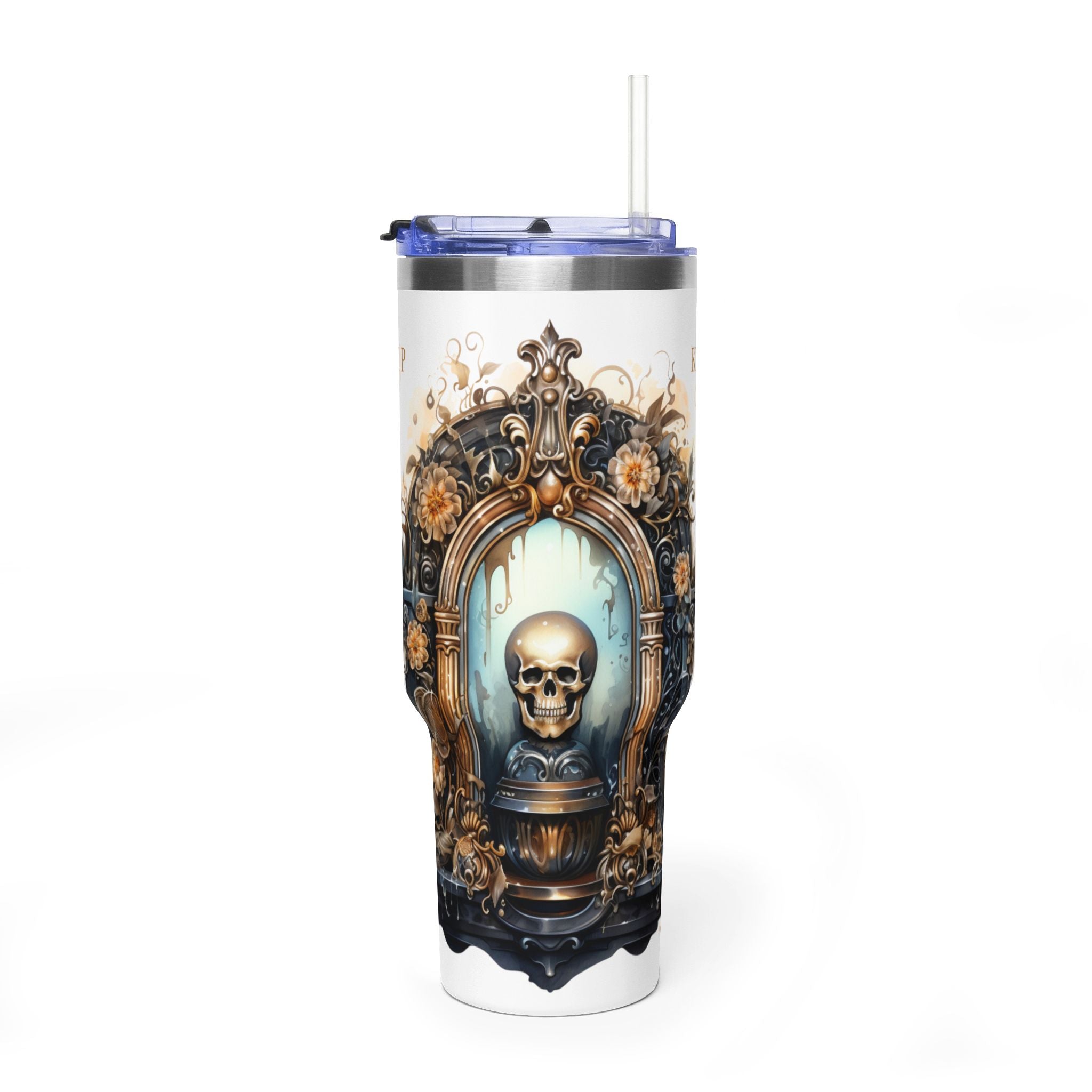 Personalized 40oz tumbler with gothic skull portal design, custom initials