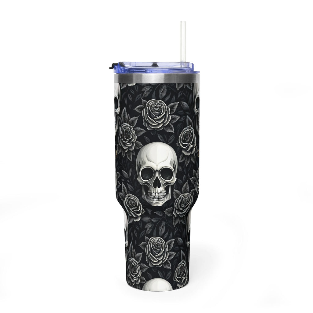 Personalized 40oz tumbler with gothic skull and rose design, custom initials