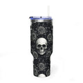 Personalized 40oz tumbler with gothic skull and rose design, custom initials