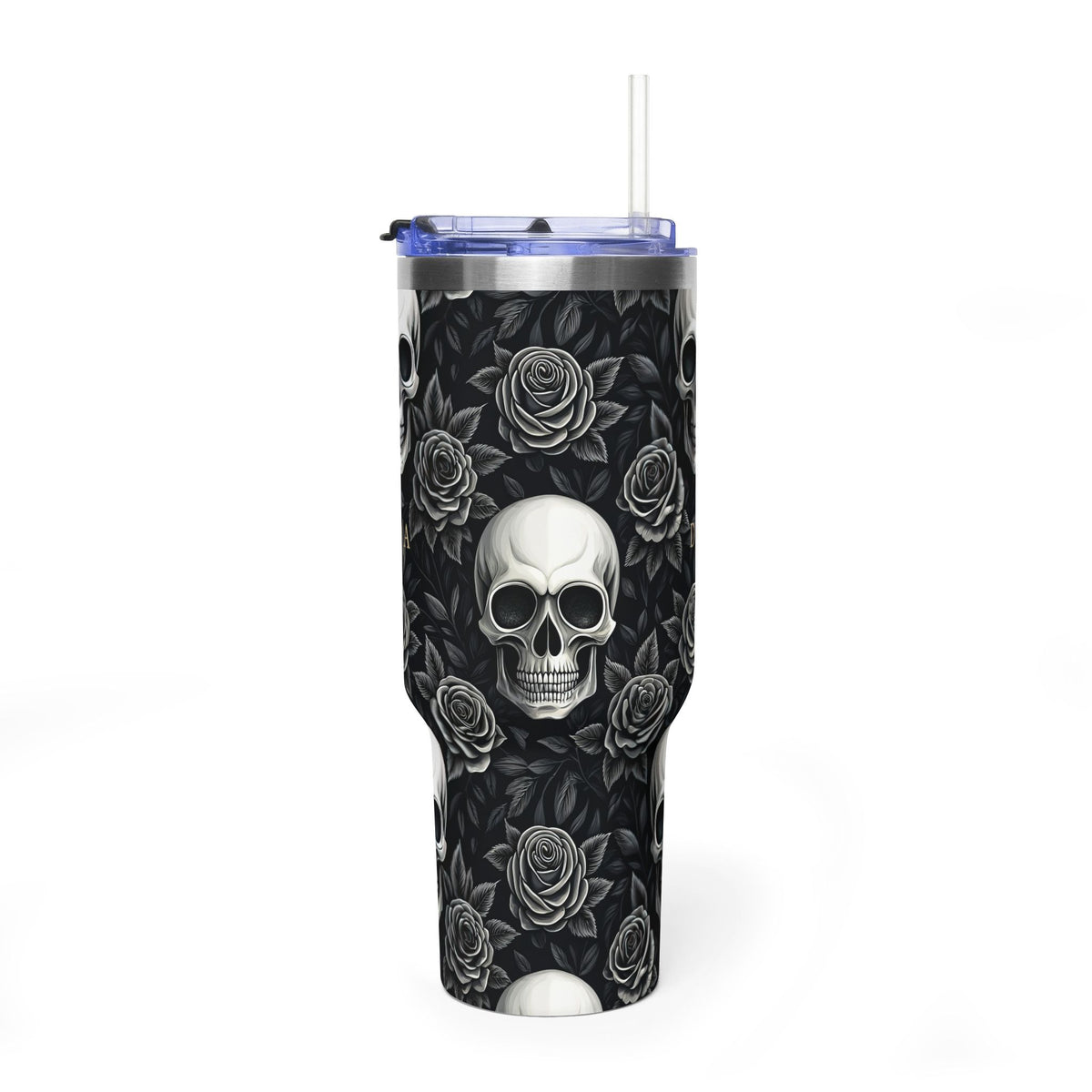 Personalized 40oz tumbler with gothic skull and rose design, custom initials