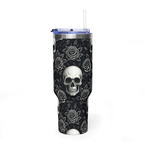 Personalized 40oz tumbler with gothic skull and rose design, custom initials