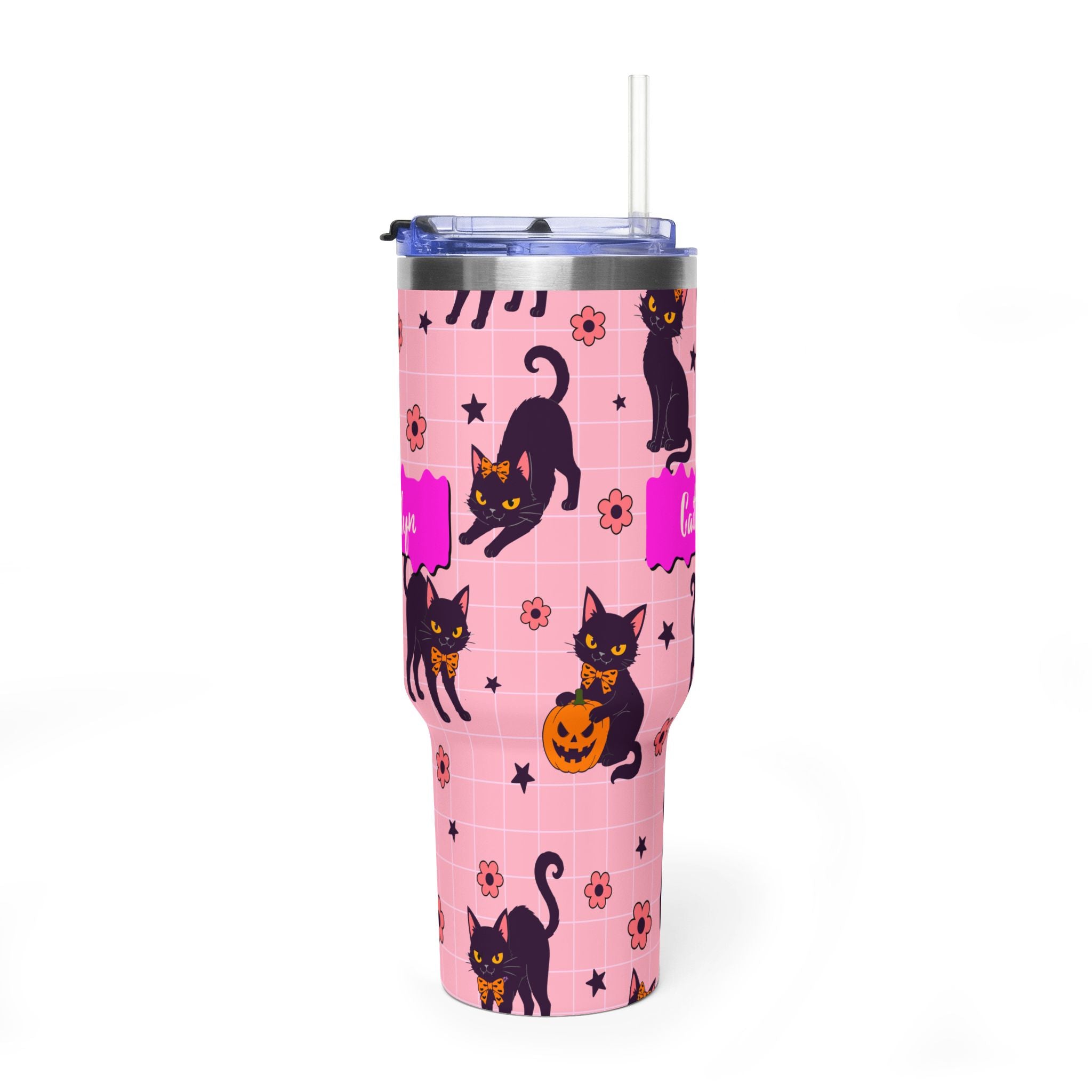 Personalized 40oz tumbler with black cat Halloween design, custom name