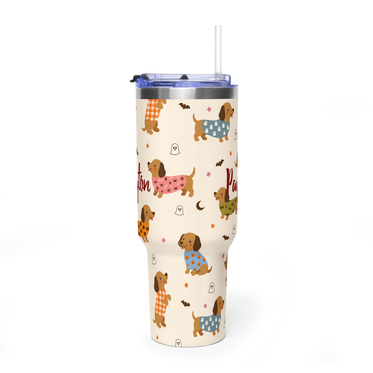 Personalized 40oz tumbler with Halloween dachshund design, custom name