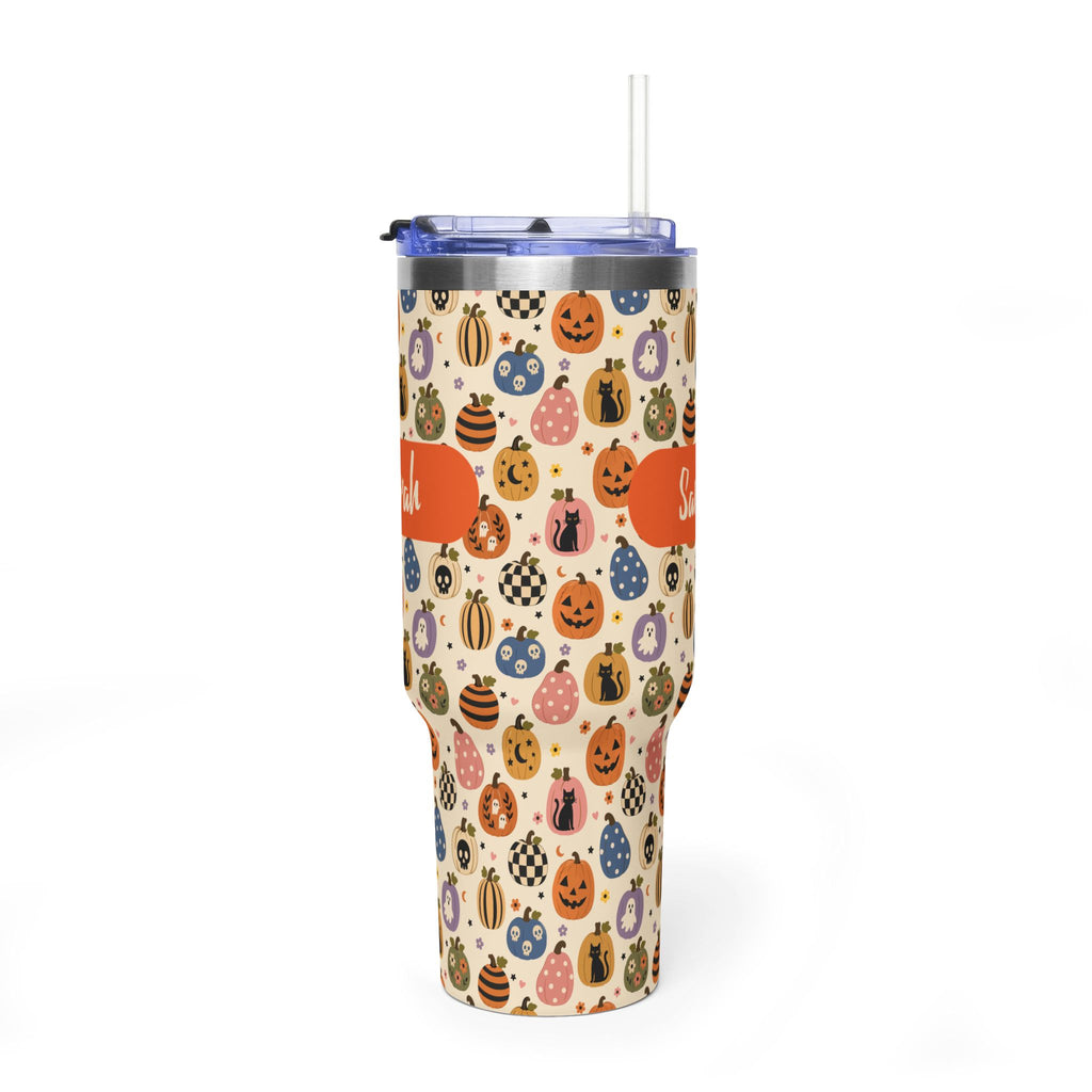 Personalized 40oz tumbler with Halloween pumpkin medley design, custom name