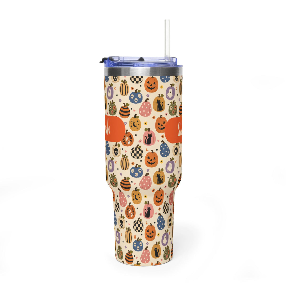 Personalized 40oz tumbler with Halloween pumpkin medley design, custom name
