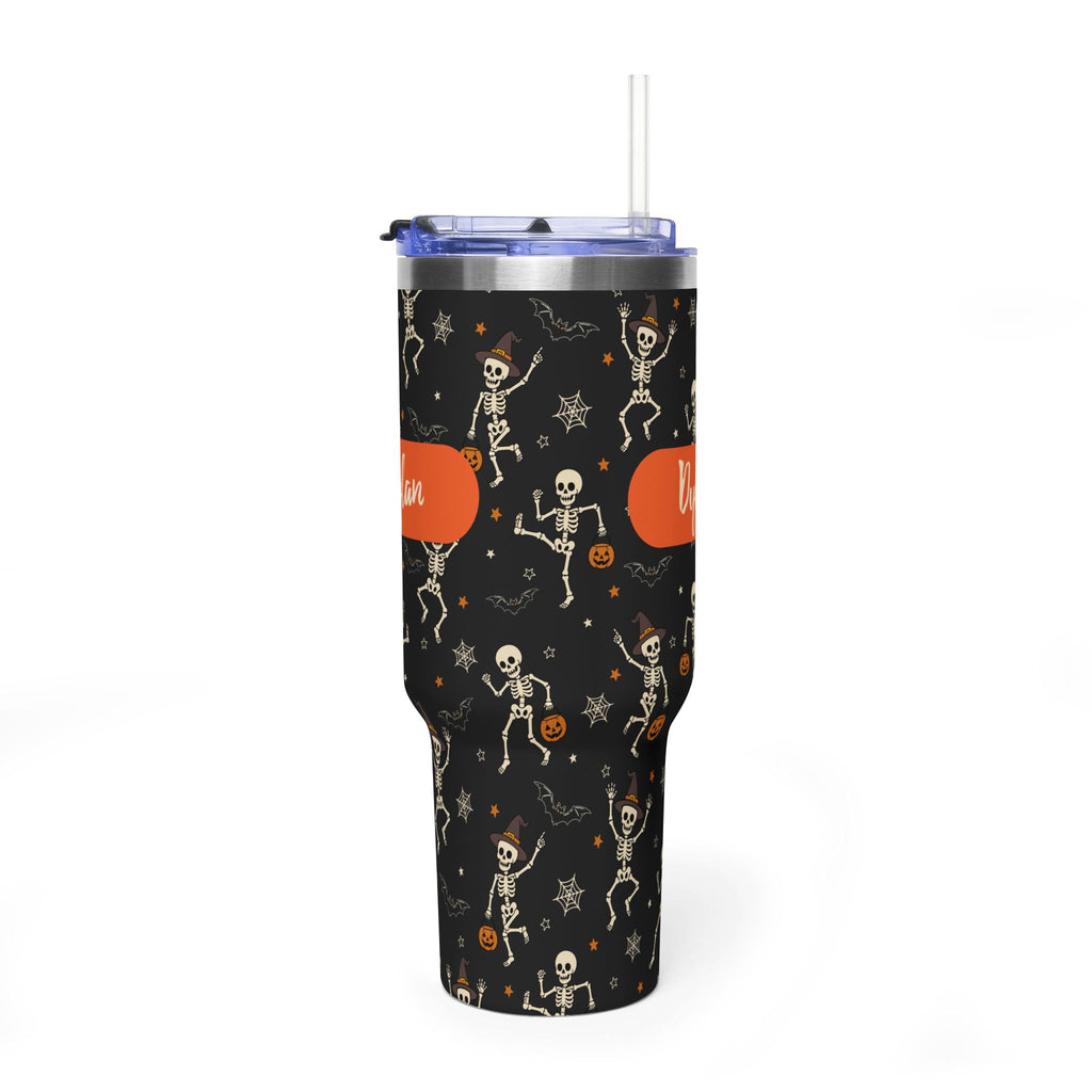 Personalized 40oz tumbler with dancing skeleton Halloween design, custom name
