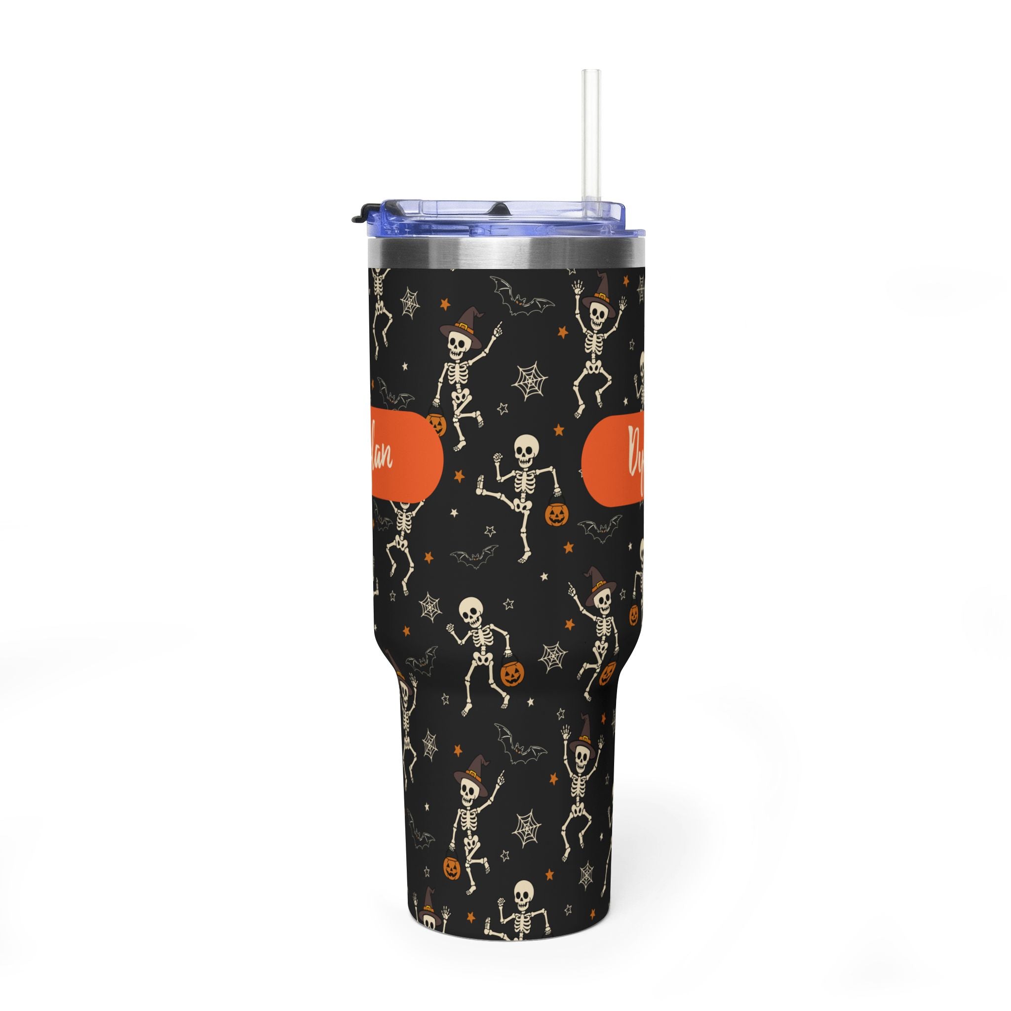 Personalized 40oz tumbler with dancing skeleton Halloween design, custom name