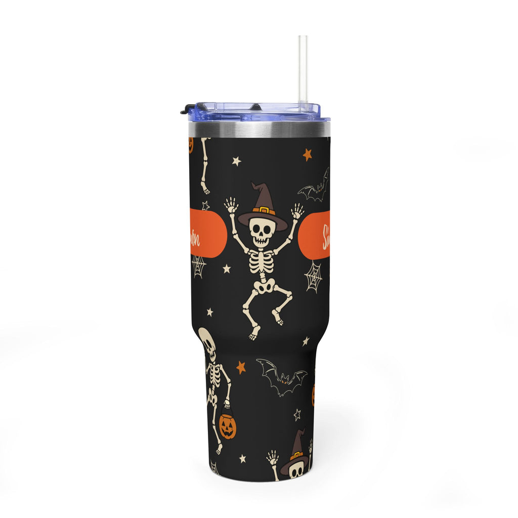Personalized 40oz tumbler with skeleton trick-or-treat Halloween design, custom name