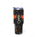 Personalized 40oz tumbler with skeleton trick-or-treat Halloween design, custom name