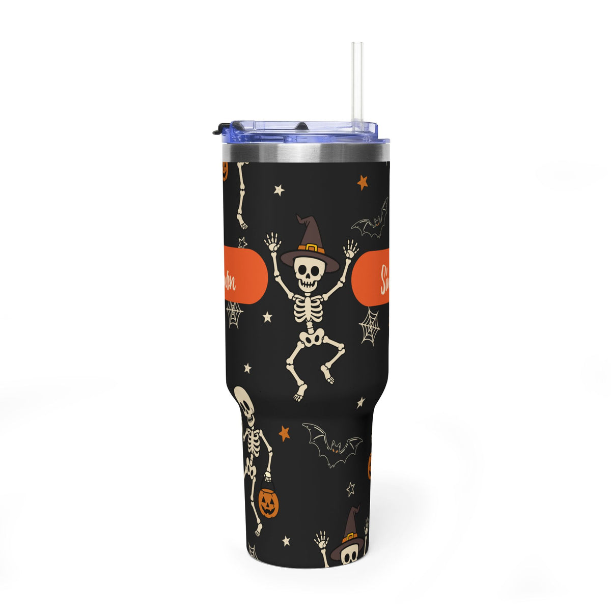 Personalized 40oz tumbler with skeleton trick-or-treat Halloween design, custom name