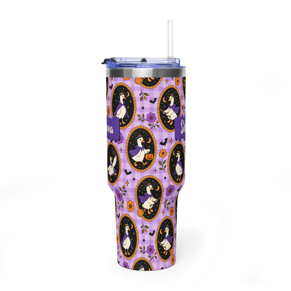 Personalized 40oz tumbler with witchy goose Halloween design, custom name