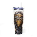 Personalized 40oz tumbler with illustrated masked warrior design, custom initials