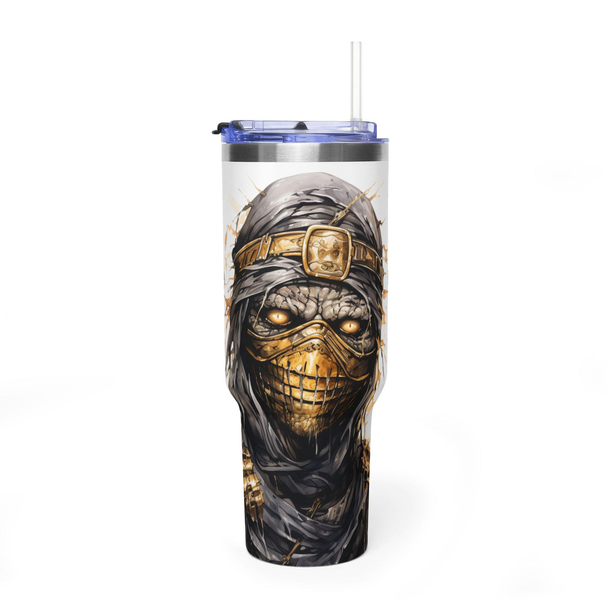 Personalized 40oz tumbler with illustrated masked warrior design, custom initials