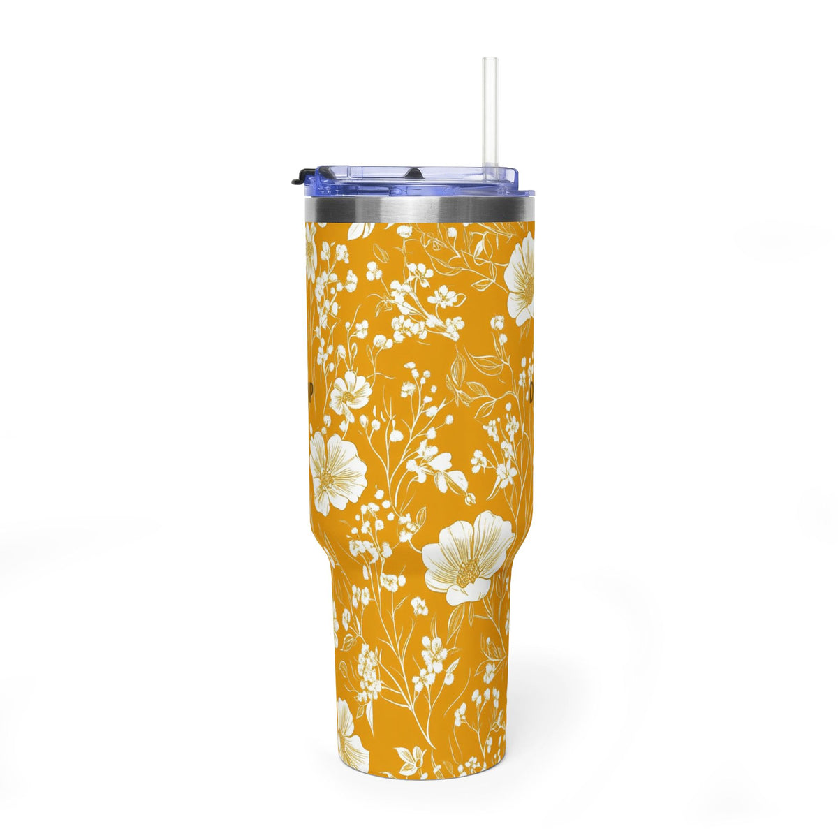Personalized 40oz tumbler with mustard wildflower design, custom initials