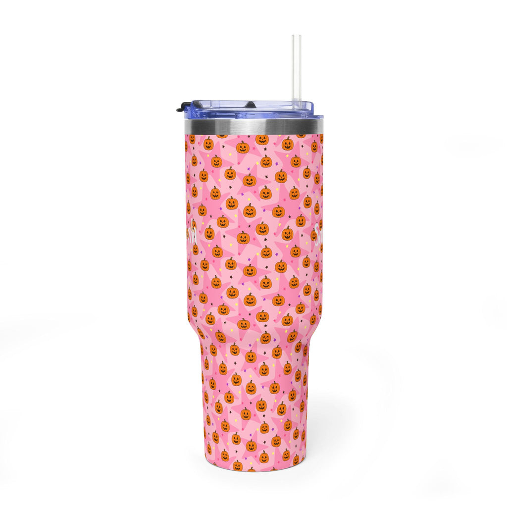 Personalized 40oz tumbler with pink Halloween pumpkin design, custom name