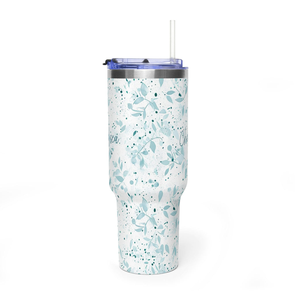 Personalized 40oz tumbler with sage watercolor leaf design, custom name