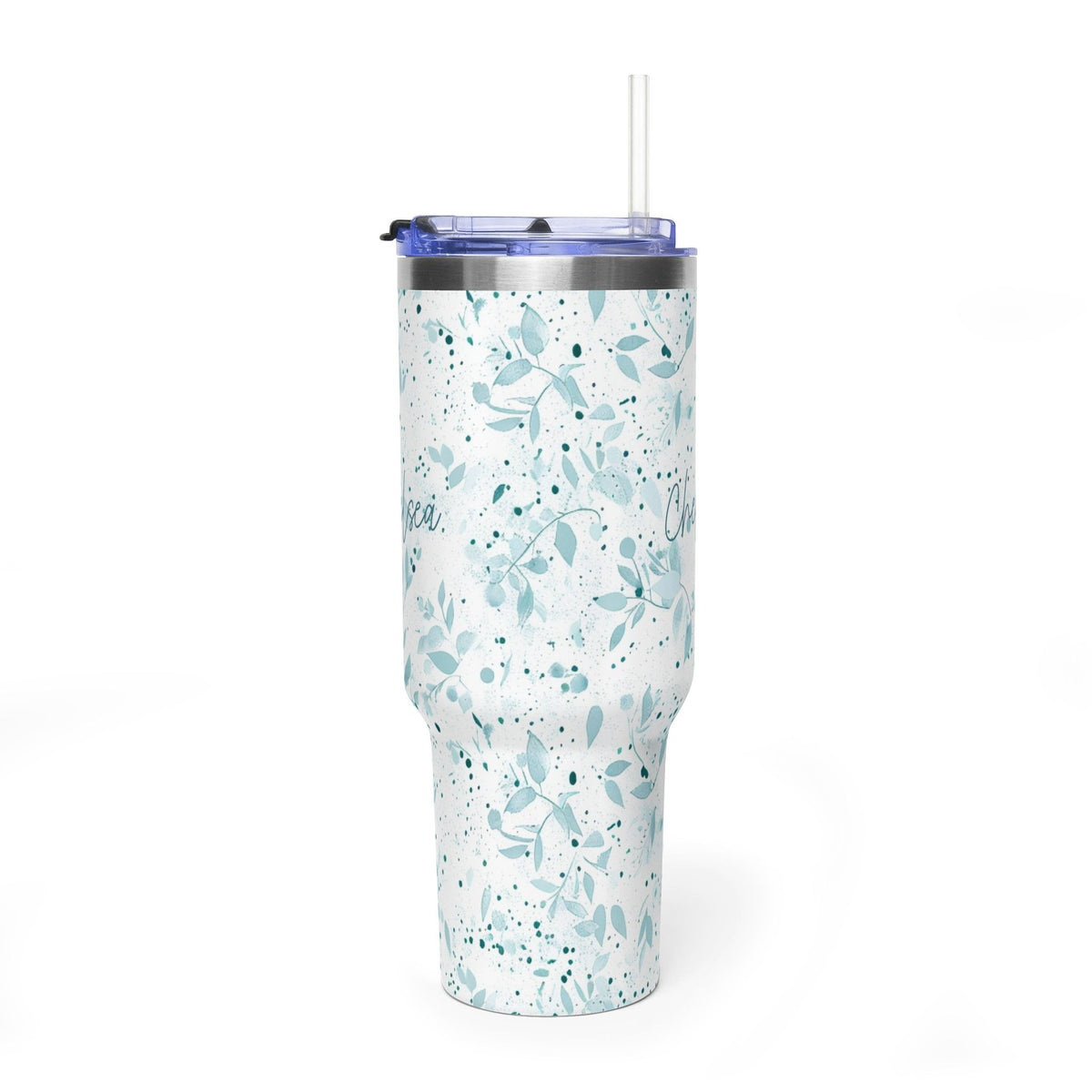 Personalized 40oz tumbler with sage watercolor leaf design, custom name