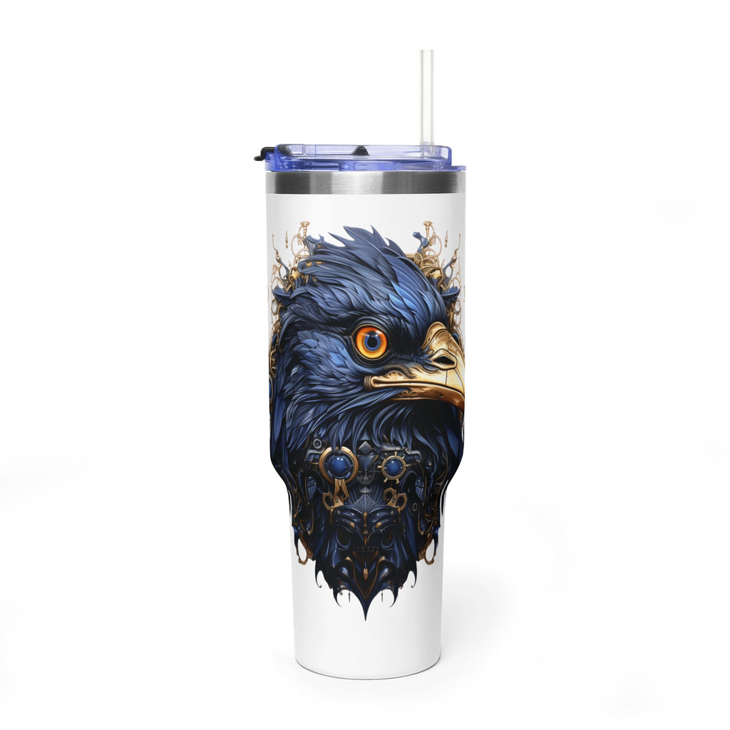 Personalized 40oz tumbler with illustrated steampunk eagle design, custom initials