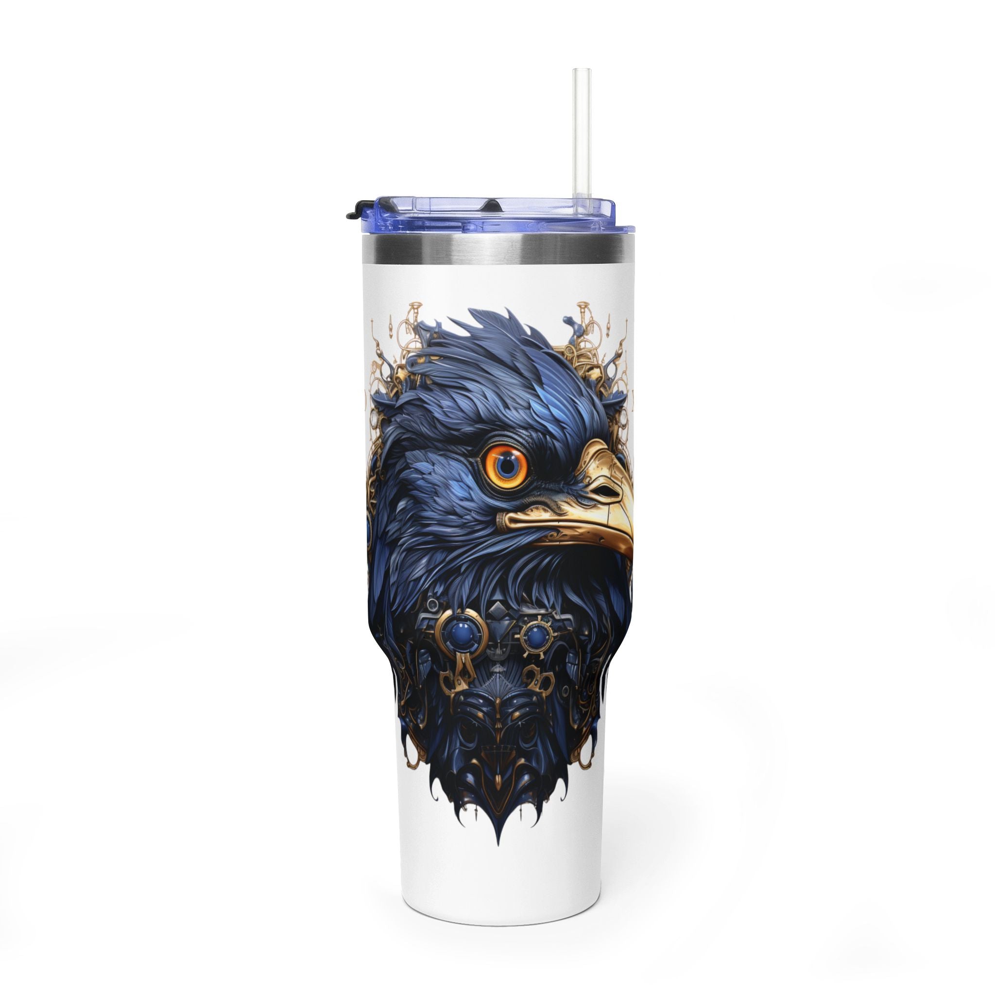 Personalized 40oz tumbler with illustrated steampunk eagle design, custom initials