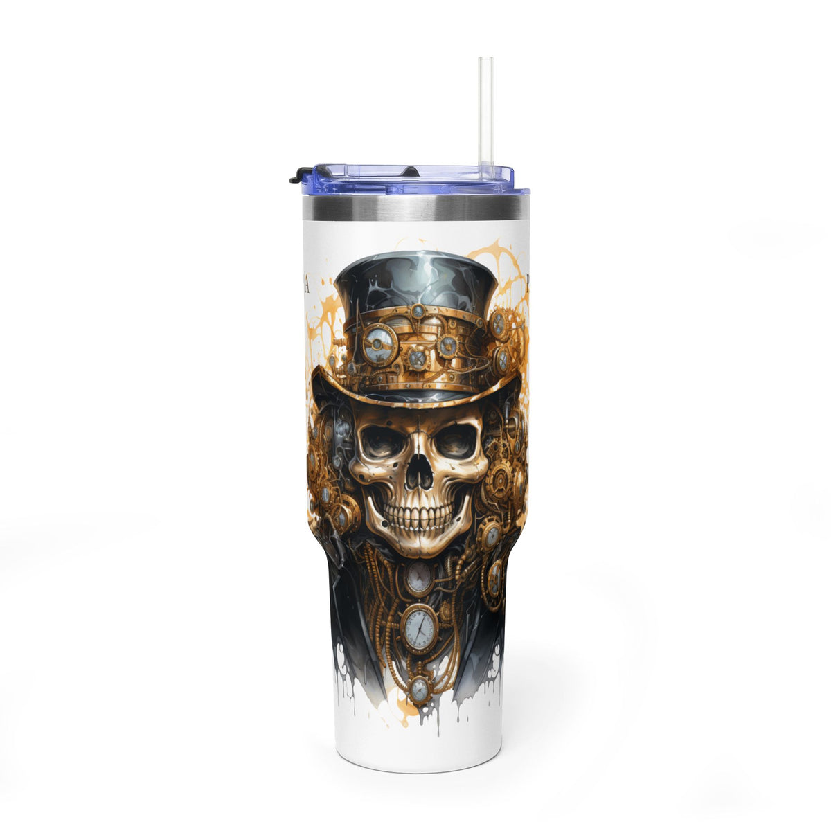 Personalized 40oz tumbler with illustrated steampunk skull top hat design, custom initials