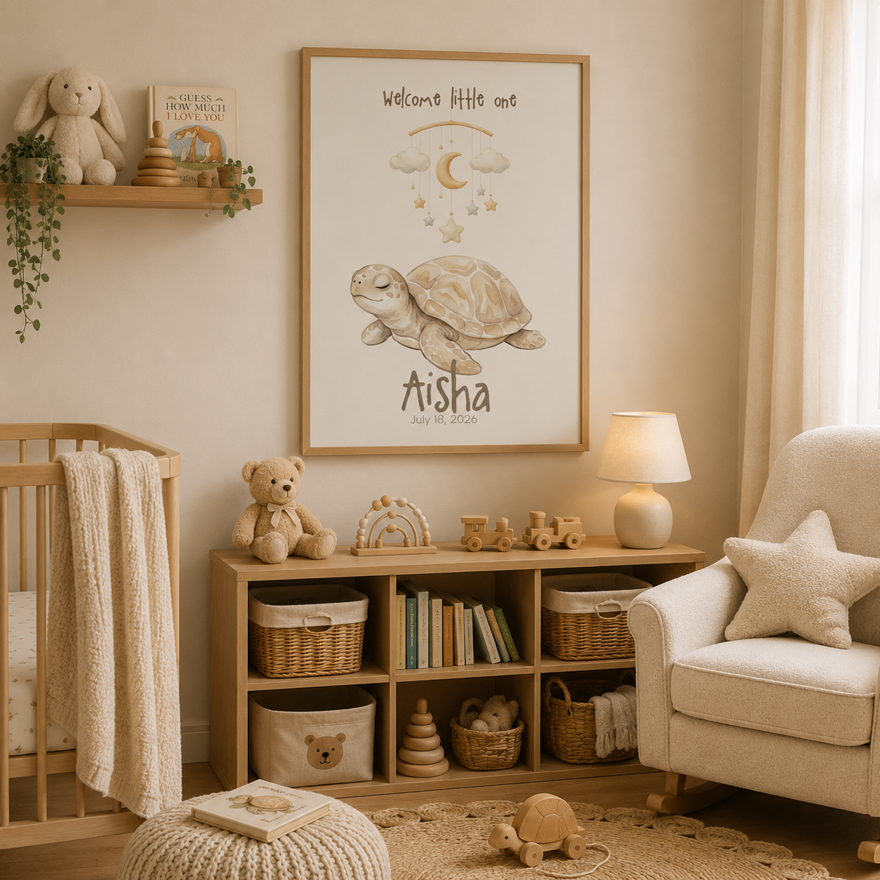 Close-up of turtle mobile poster showing personalized name and birth date