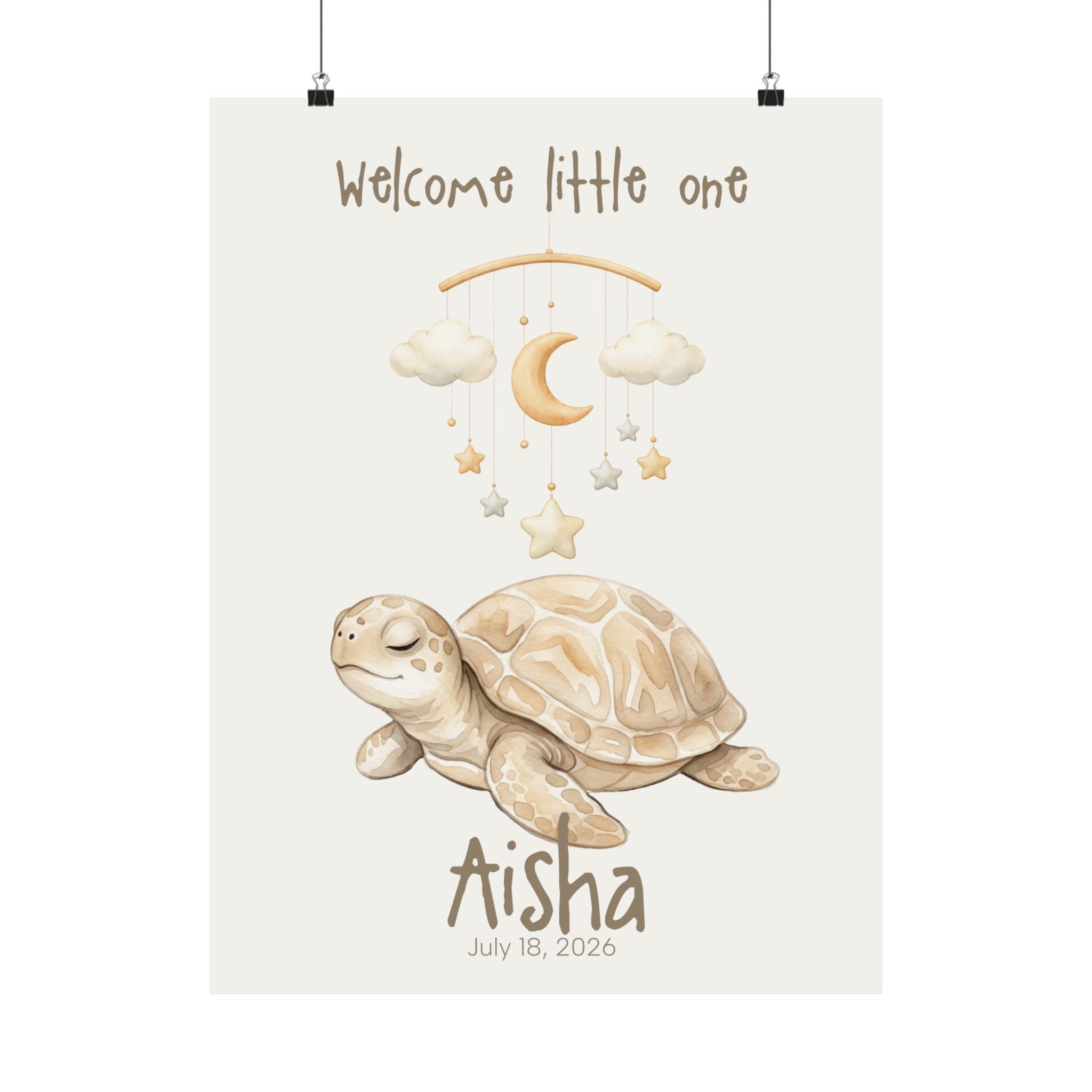Personalized turtle with moon stars mobile nursery poster, custom baby name and birth date