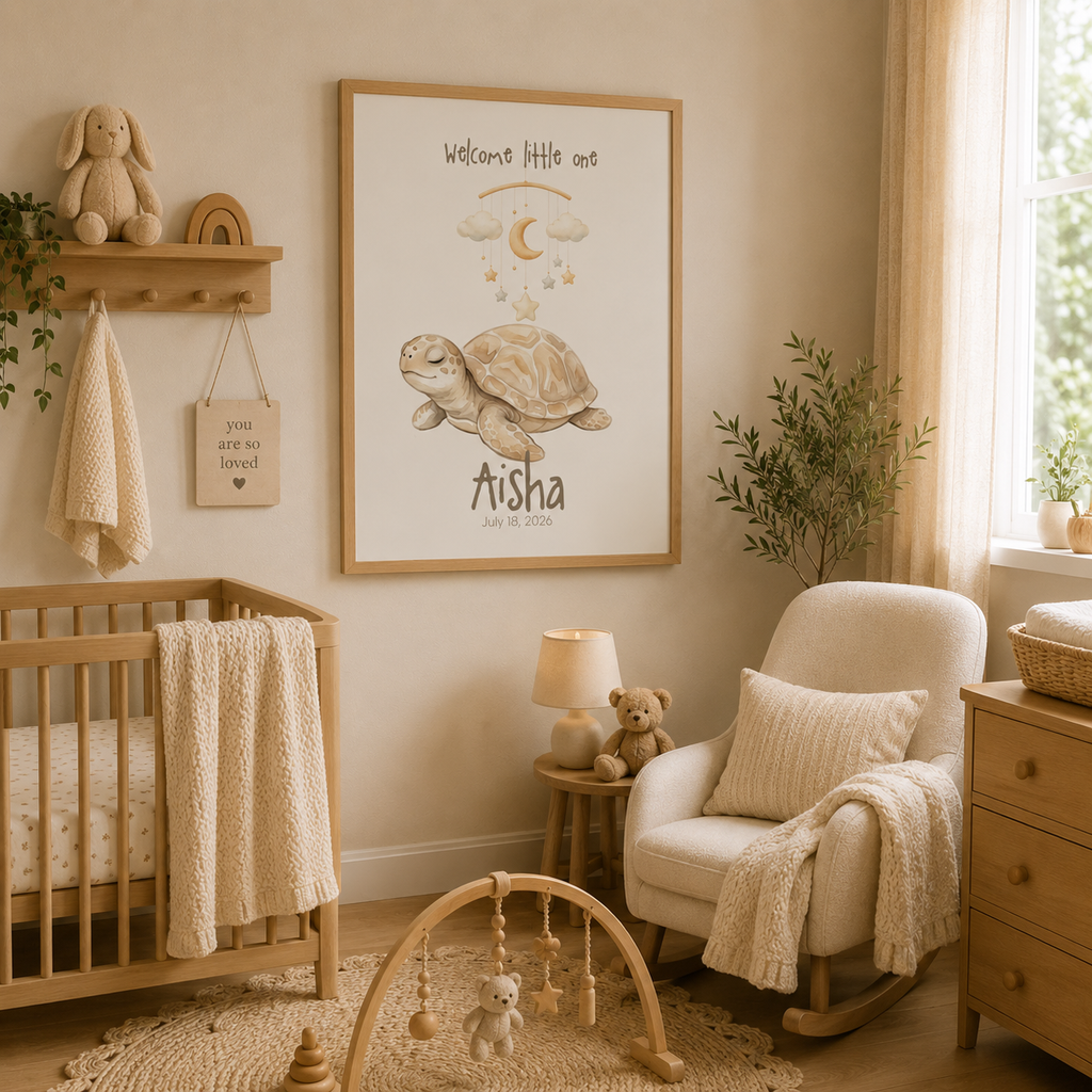Smiling turtle under mobile baby name poster displayed in nursery room