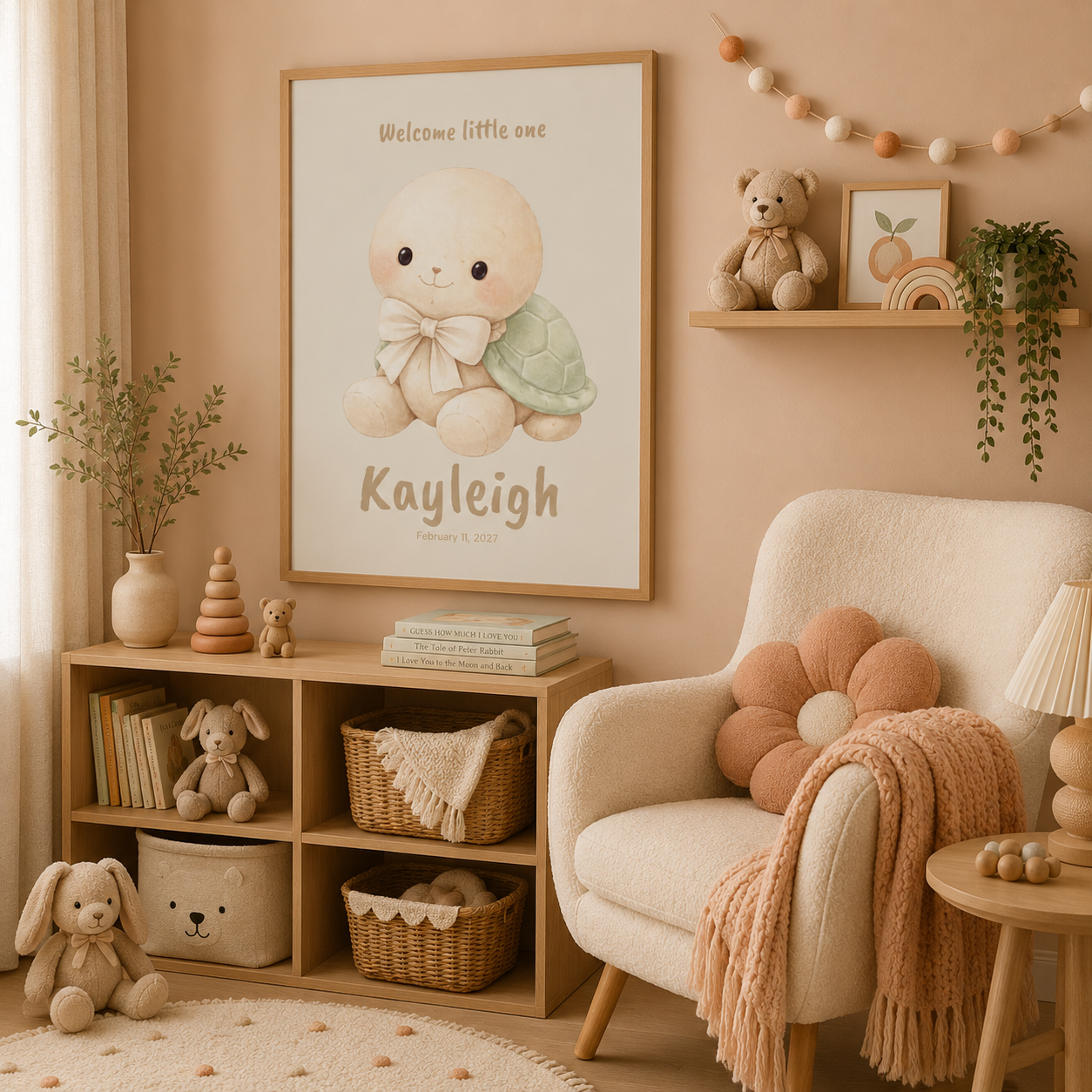 Close-up of turtle nursery poster showing personalized name and birth date