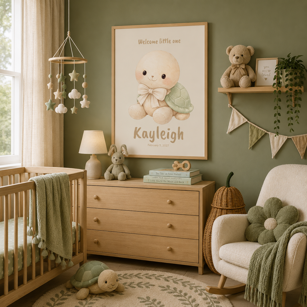 Sweet turtle baby name poster displayed in nature-themed nursery room