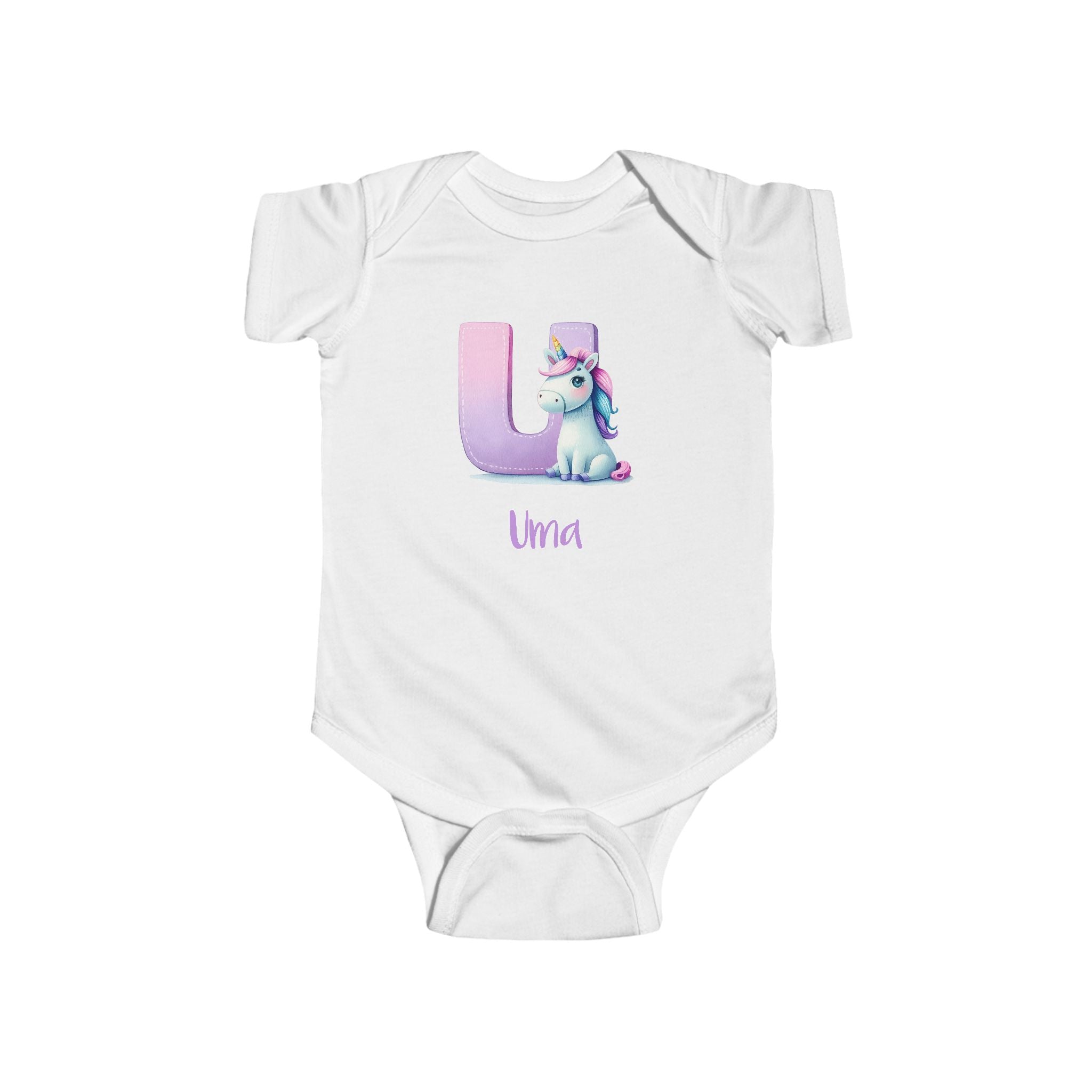 Personalized U baby bodysuit with unicorn – white cotton onesie with custom name