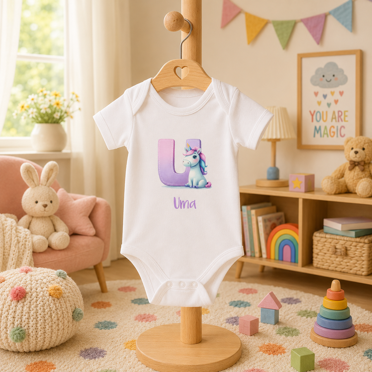 Initial U bodysuit with unicorn and name in script – flat lay