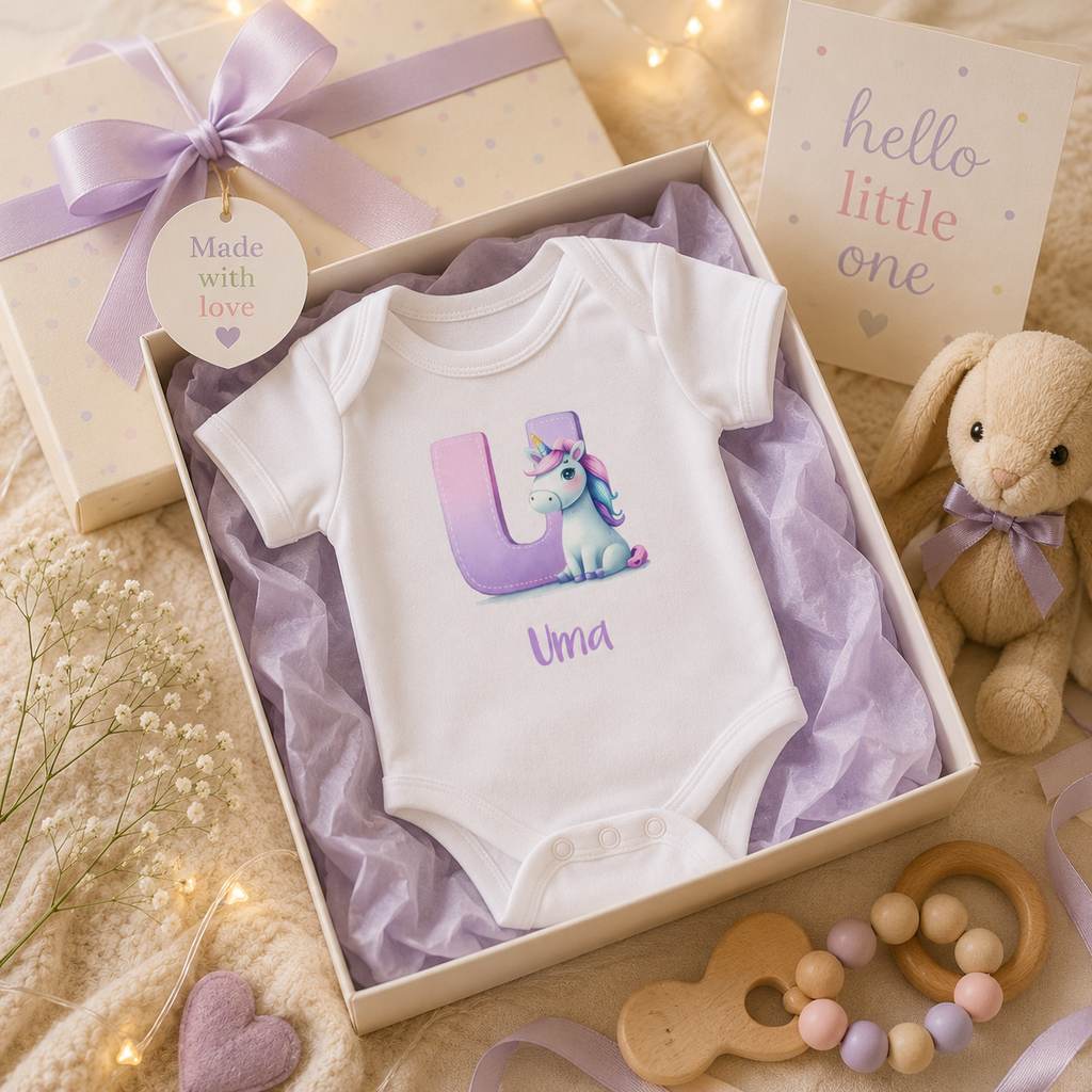 Close-up of U initial and unicorn on baby bodysuit