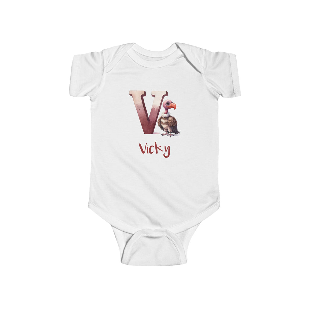 Personalized V baby bodysuit with vulture – white cotton onesie with custom name