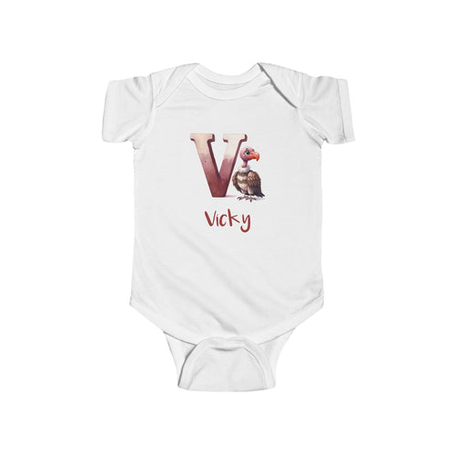Personalized V baby bodysuit with vulture – white cotton onesie with custom name