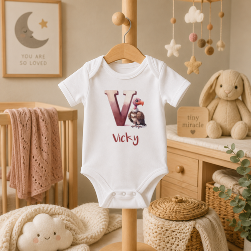 Initial V bodysuit with vulture and name in script – flat lay