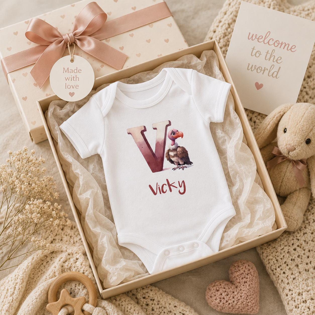 Close-up of V initial and vulture on baby bodysuit