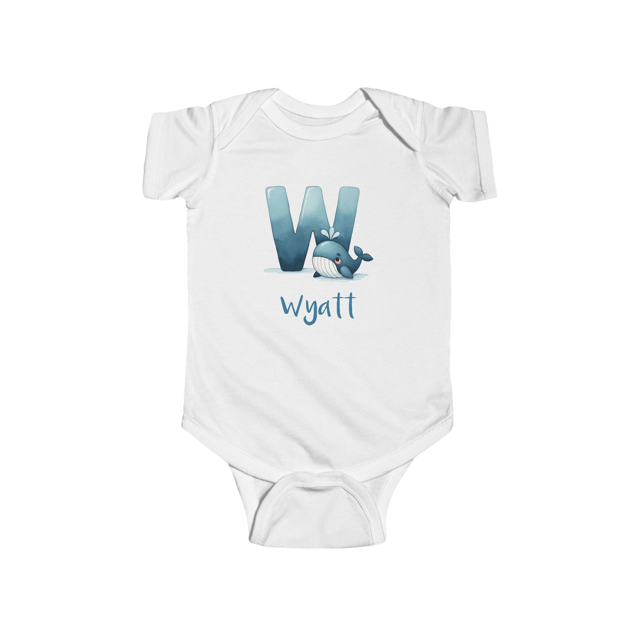 Personalized W baby bodysuit with whale – white cotton onesie with custom name