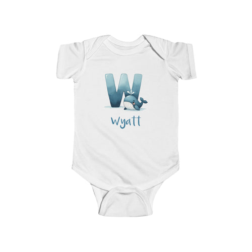 Personalized W baby bodysuit with whale – white cotton onesie with custom name