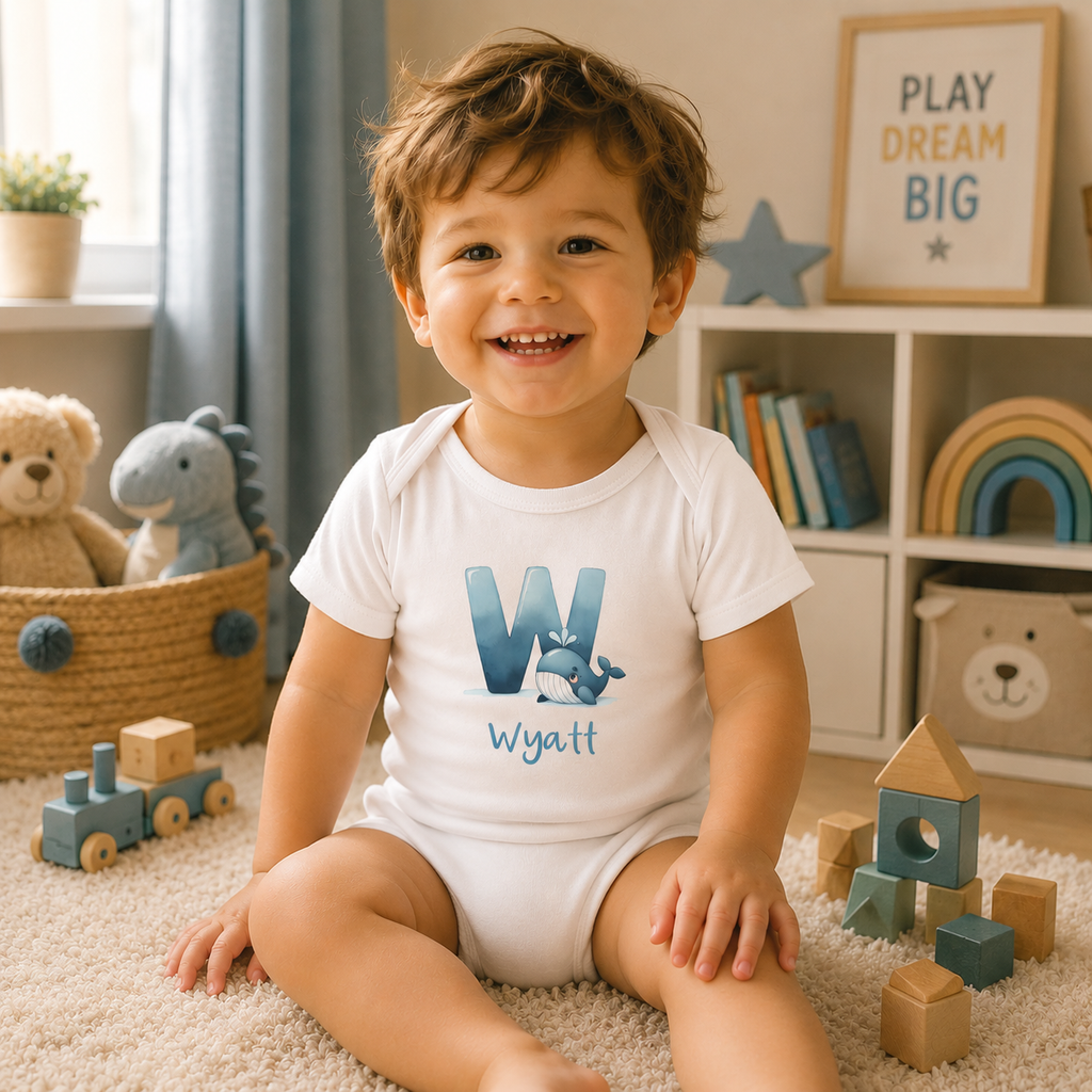 Initial W bodysuit with whale and name in script – flat lay