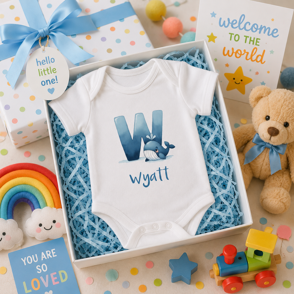 Close-up of W initial and whale on baby bodysuit