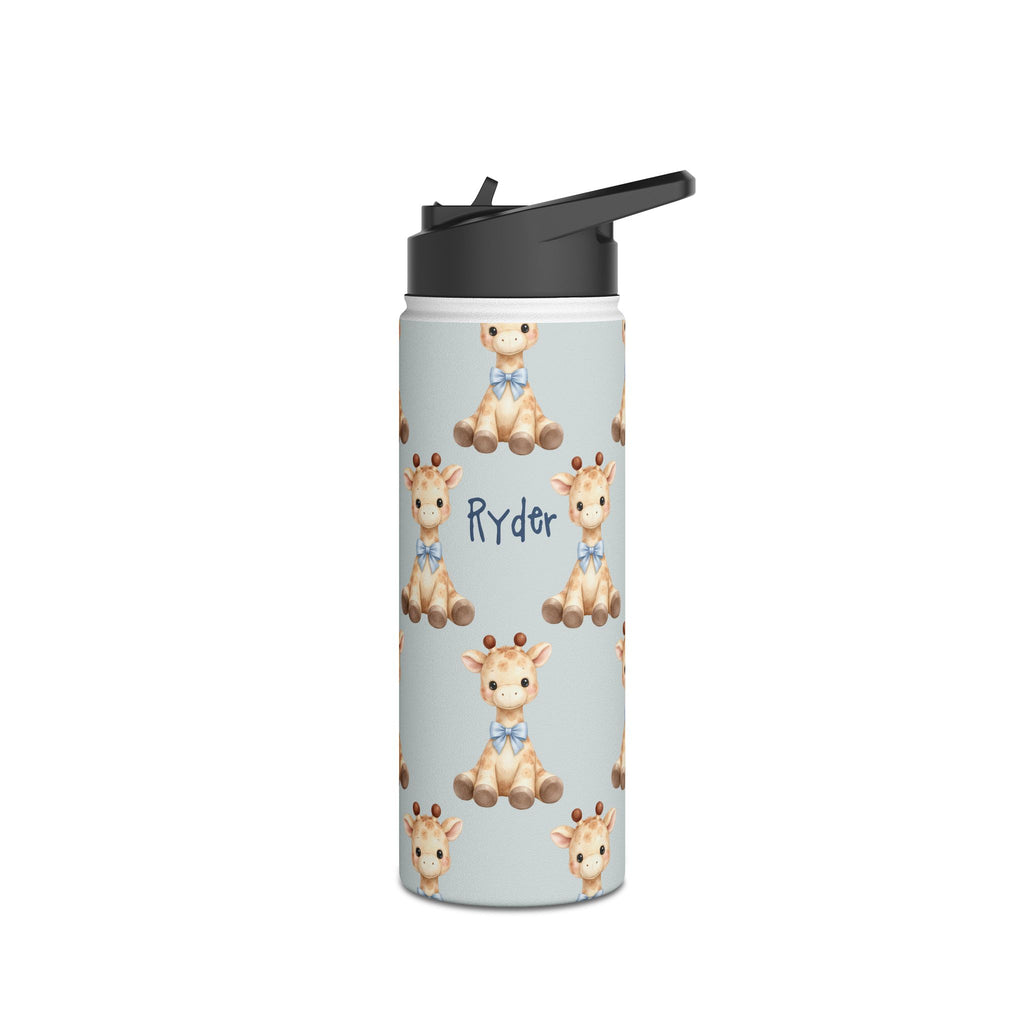 Angle view of personalized baby giraffe water bottle with straw lid