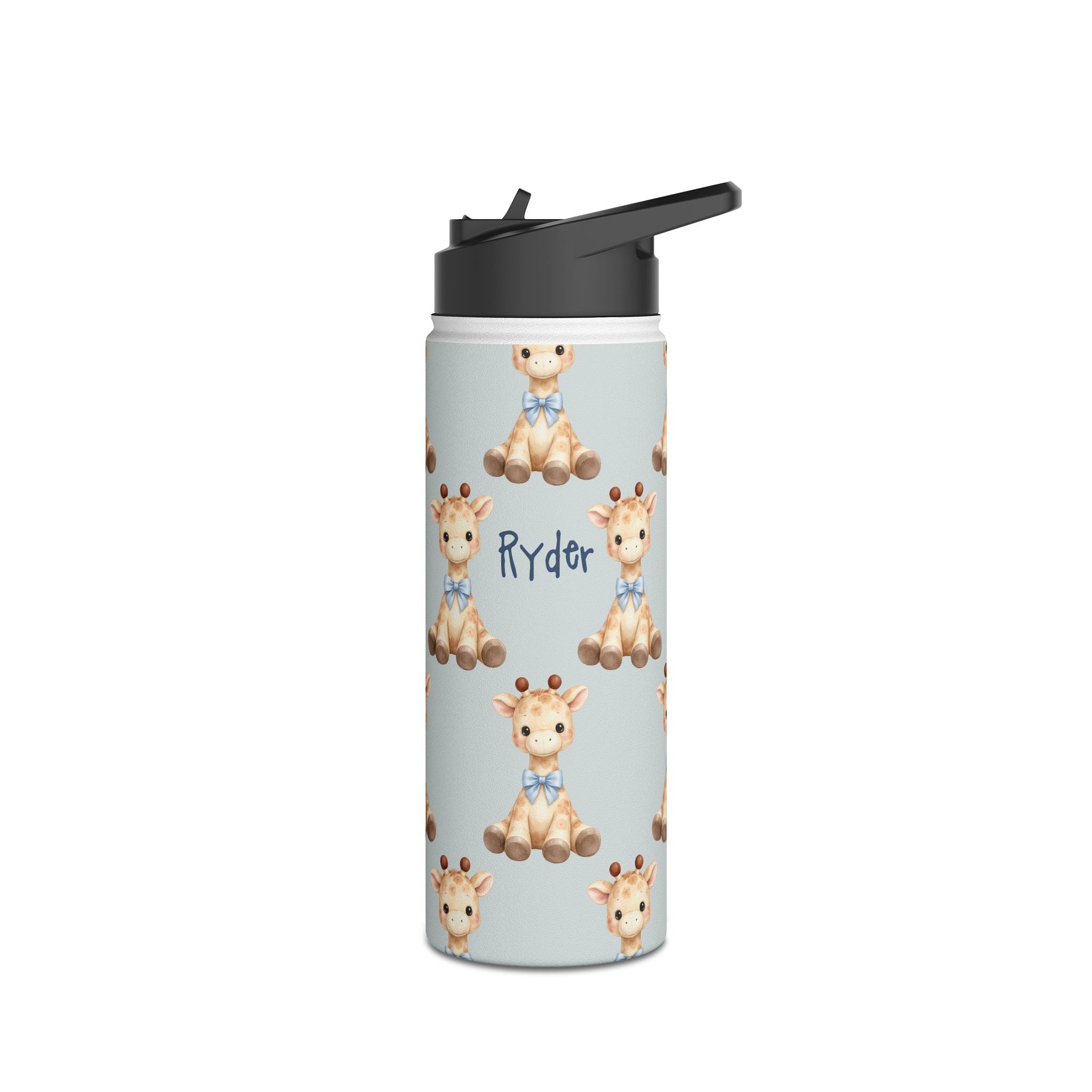 Angle view of personalized baby giraffe water bottle with straw lid